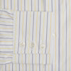 View 3 of product The Turnbull & Asser Yellow Double Pinstripe Mayfair Shirt, a long-sleeved, button-up with thin blue and yellow stripes on white, classic T&A collar, and buttoned cuffs, is laid flat on a white surface.