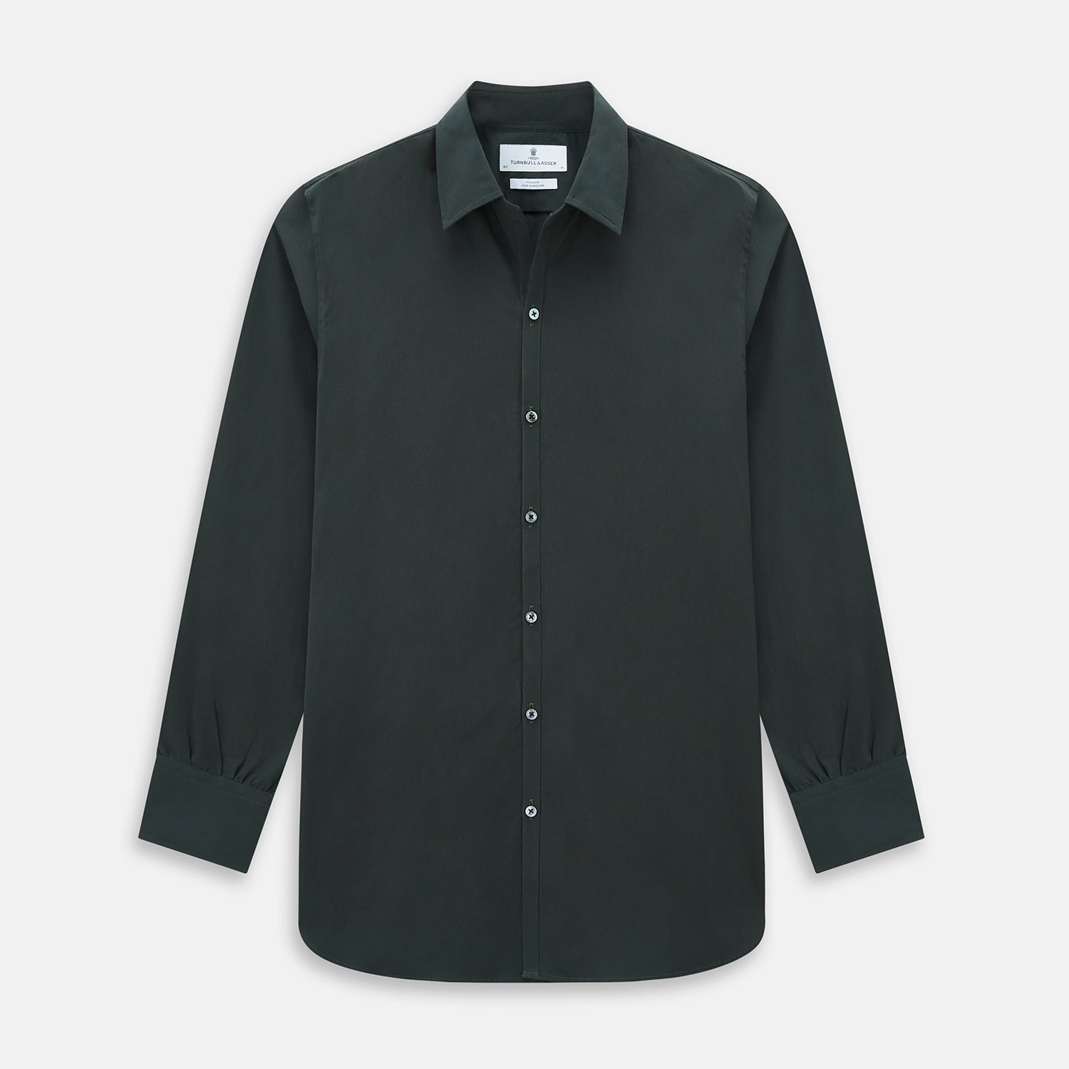 View 1 of product The FOREST GREEN WINDSOR SHIRT by Turnbull & Asser features long sleeves, a Windsor collar, and buttoned cuffs, reflecting British craftsmanship. Displayed on a plain white background.