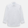 View 1 of product The Turnbull & Asser Antique Pink Track Stripe Mayfair Shirt is a white, long-sleeved Italian cotton shirt with vertical pink stripes, a spread collar, and buttoned cuffs, shown laid flat on a white background.