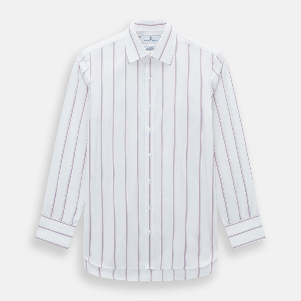 The Turnbull & Asser Antique Pink Track Stripe Mayfair Shirt is a white, long-sleeved Italian cotton shirt with vertical pink stripes, a spread collar, and buttoned cuffs, shown laid flat on a white background.