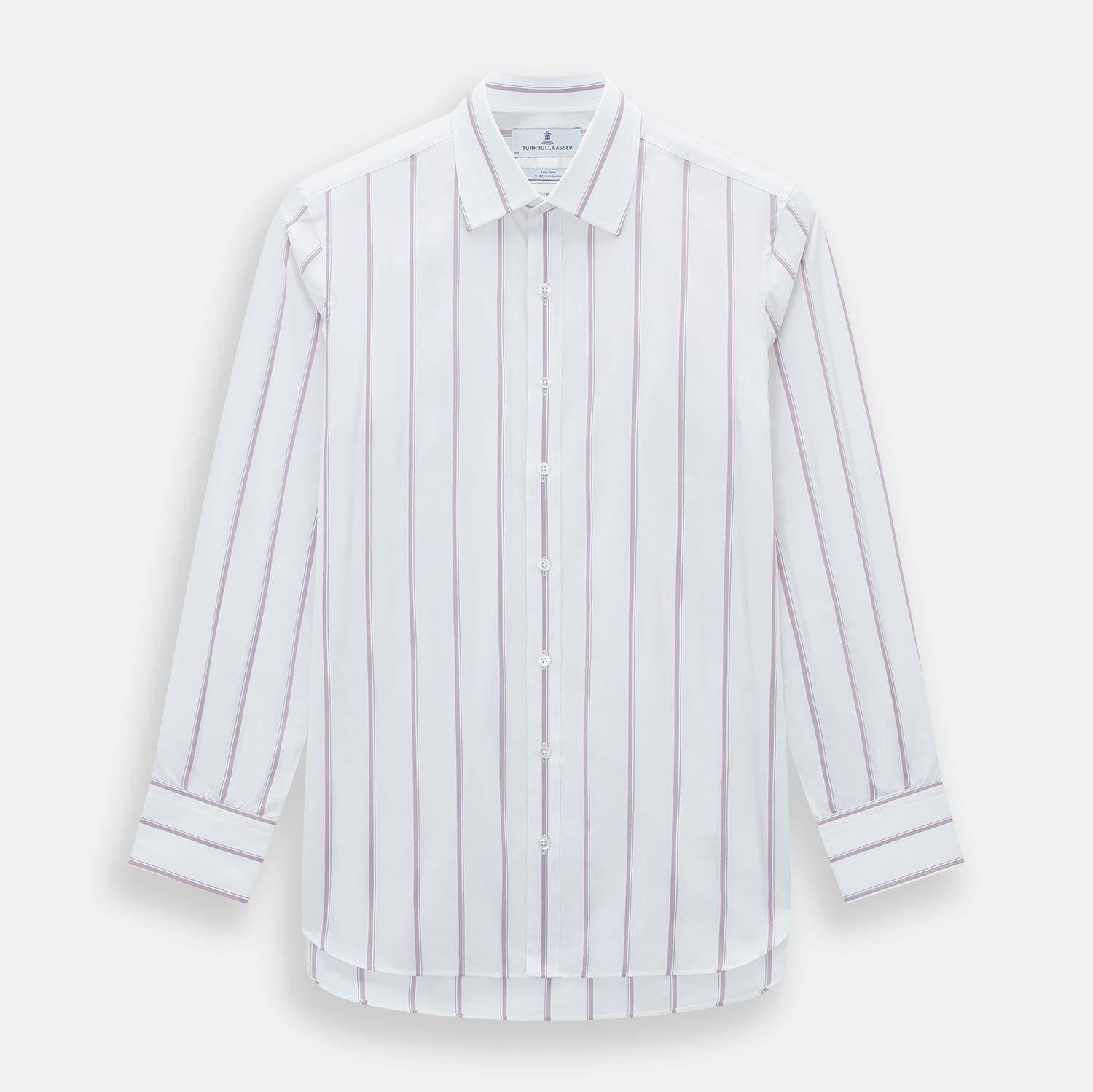 View 1 of product The Turnbull & Asser Antique Pink Track Stripe Mayfair Shirt is a white, long-sleeved Italian cotton shirt with vertical pink stripes, a spread collar, and buttoned cuffs, shown laid flat on a white background.