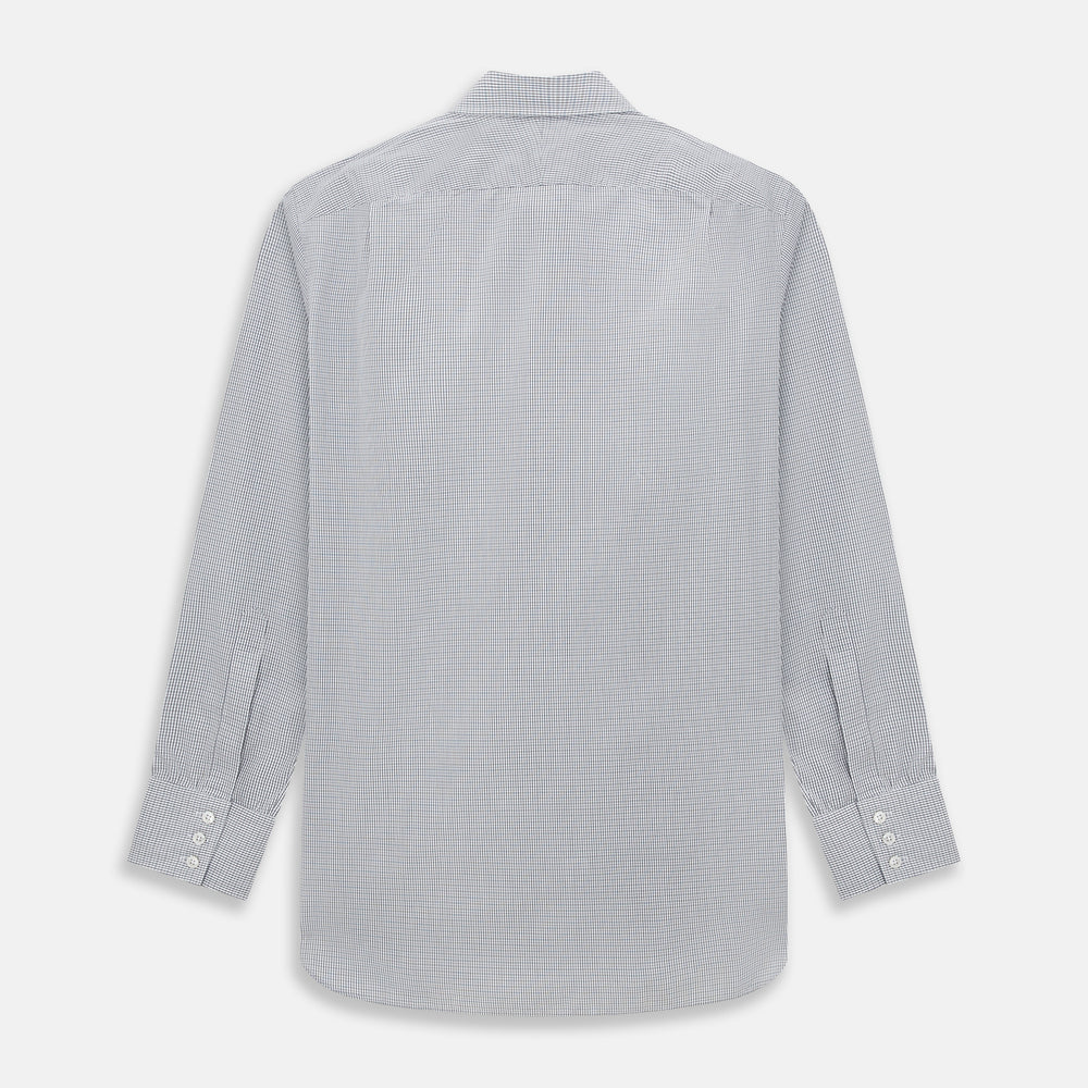 The Midnight Blue Micro Tattersall Check Mayfair Shirt by Turnbull & Asser, made from pure cotton with white buttons, a classic collar, and cuffed sleeves, is laid flat on a white background.