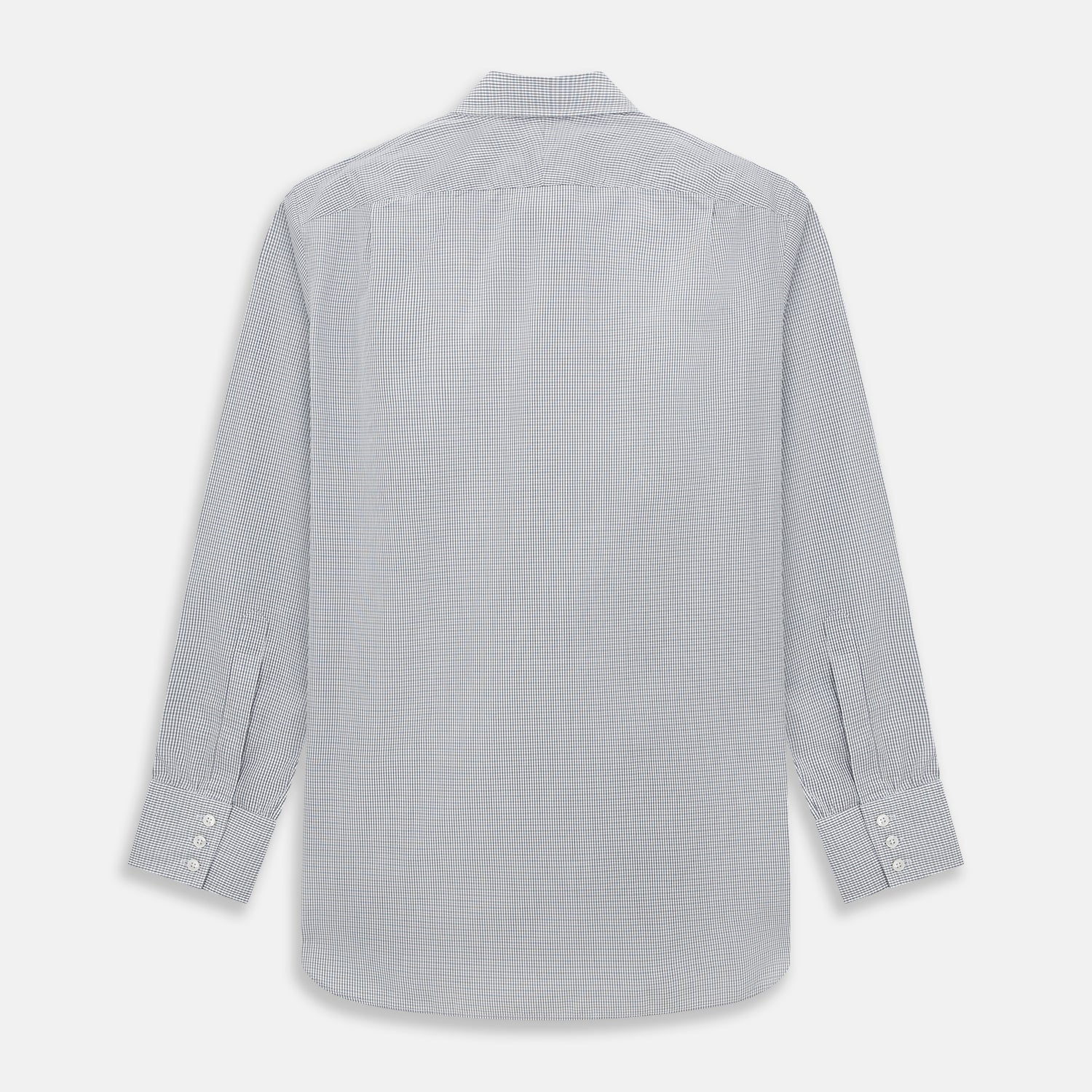 View 3 of product The Midnight Blue Micro Tattersall Check Mayfair Shirt by Turnbull & Asser, made from pure cotton with white buttons, a classic collar, and cuffed sleeves, is laid flat on a white background.