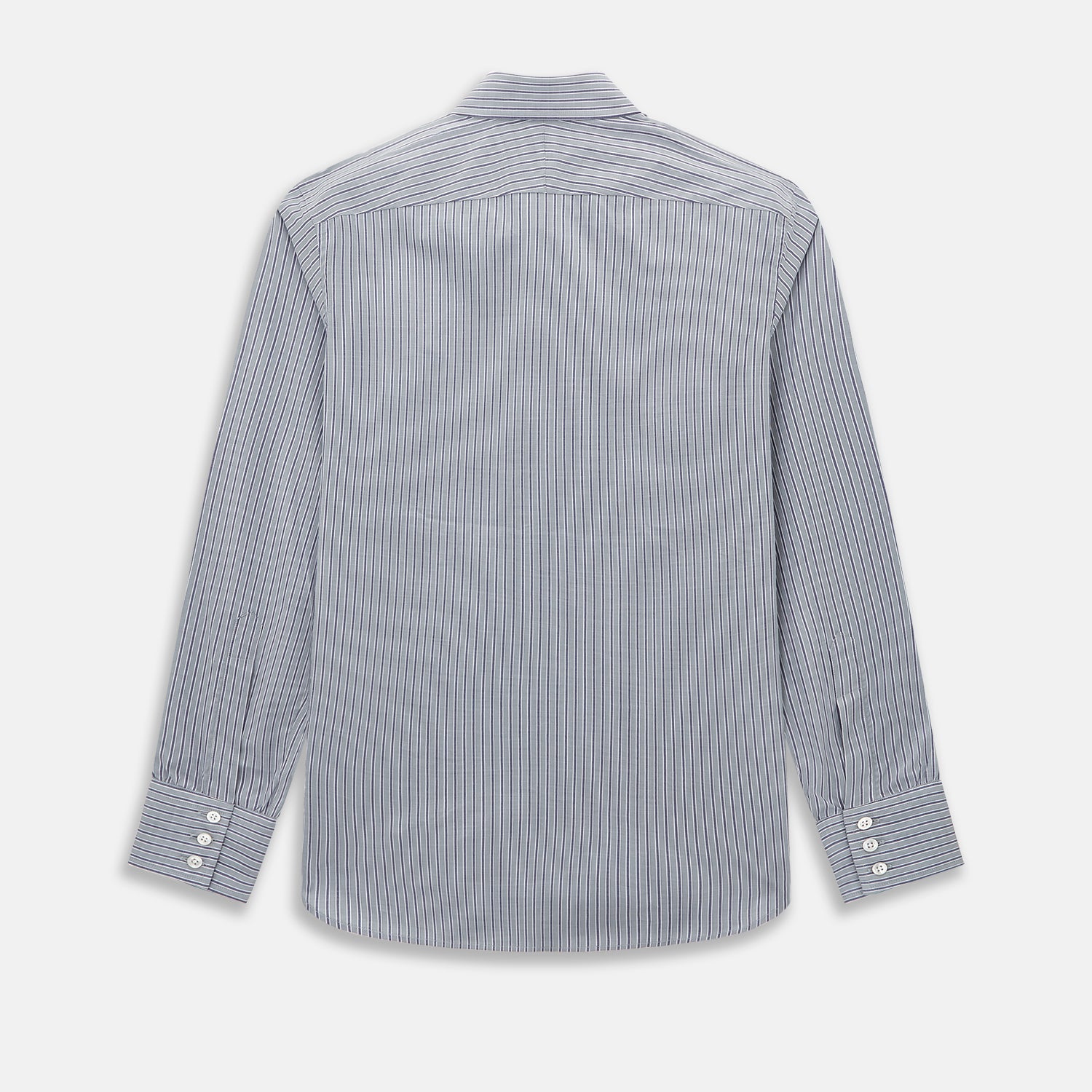 View 3 of product The Turnbull & Asser Grey Ticking Stripe Westminster Shirt features thin vertical grey stripes and a classic collar, showcased against a plain white background.