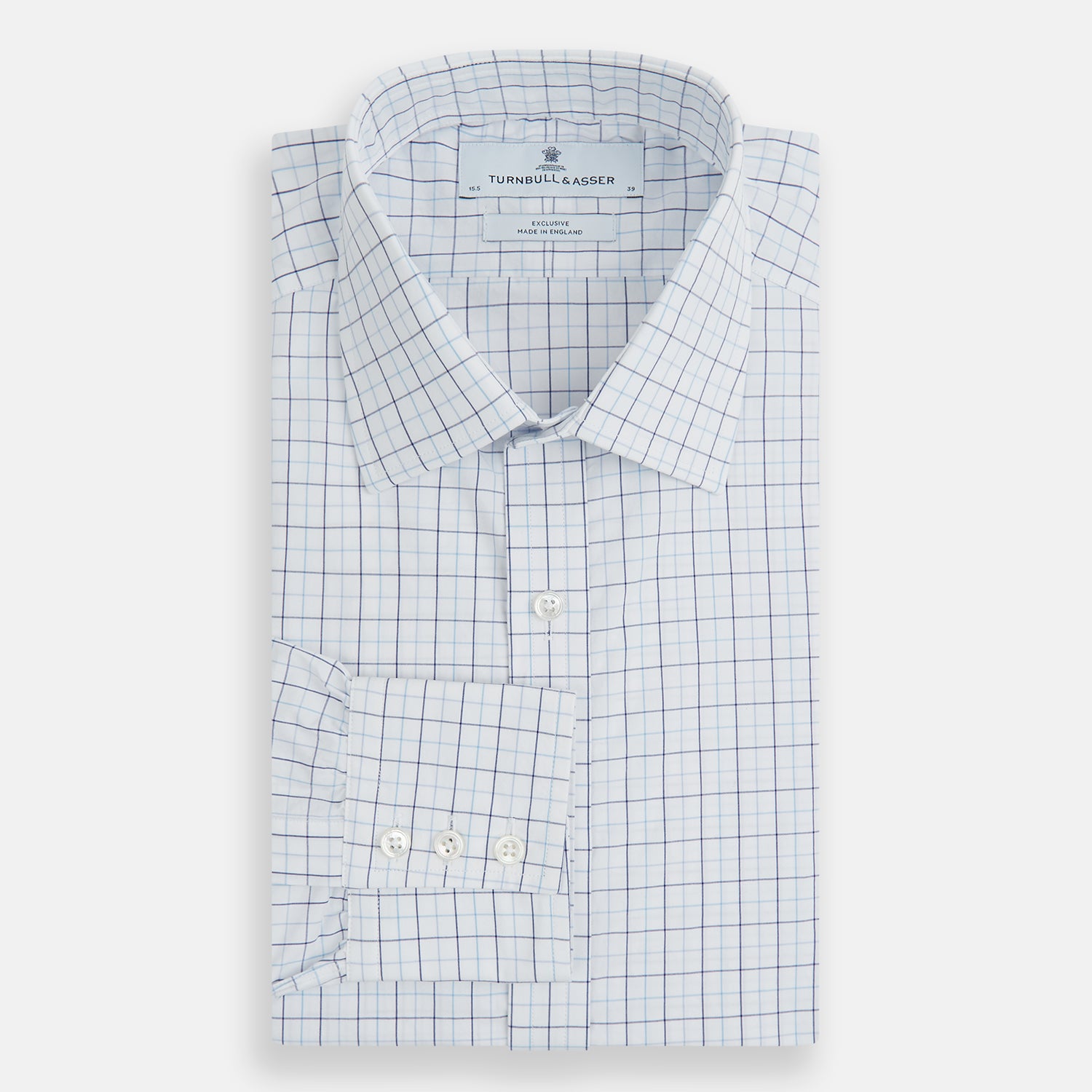 View 5 of product The Blue Overlay Grid Check Mayfair Shirt by Turnbull & Asser features a light blue and white grid check pattern with long sleeves and button-up design, making it a versatile wardrobe staple. Displayed on a plain white background.