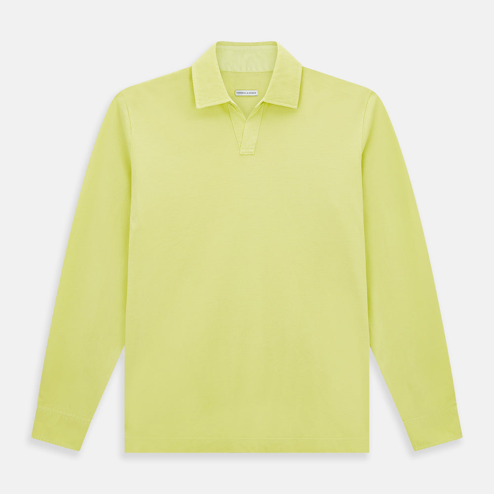 The Turnbull & Asser Lime Green Rugby Polo Shirt is a pure cotton, long-sleeve shirt with a collar and no visible buttons, displayed flat against a white background.