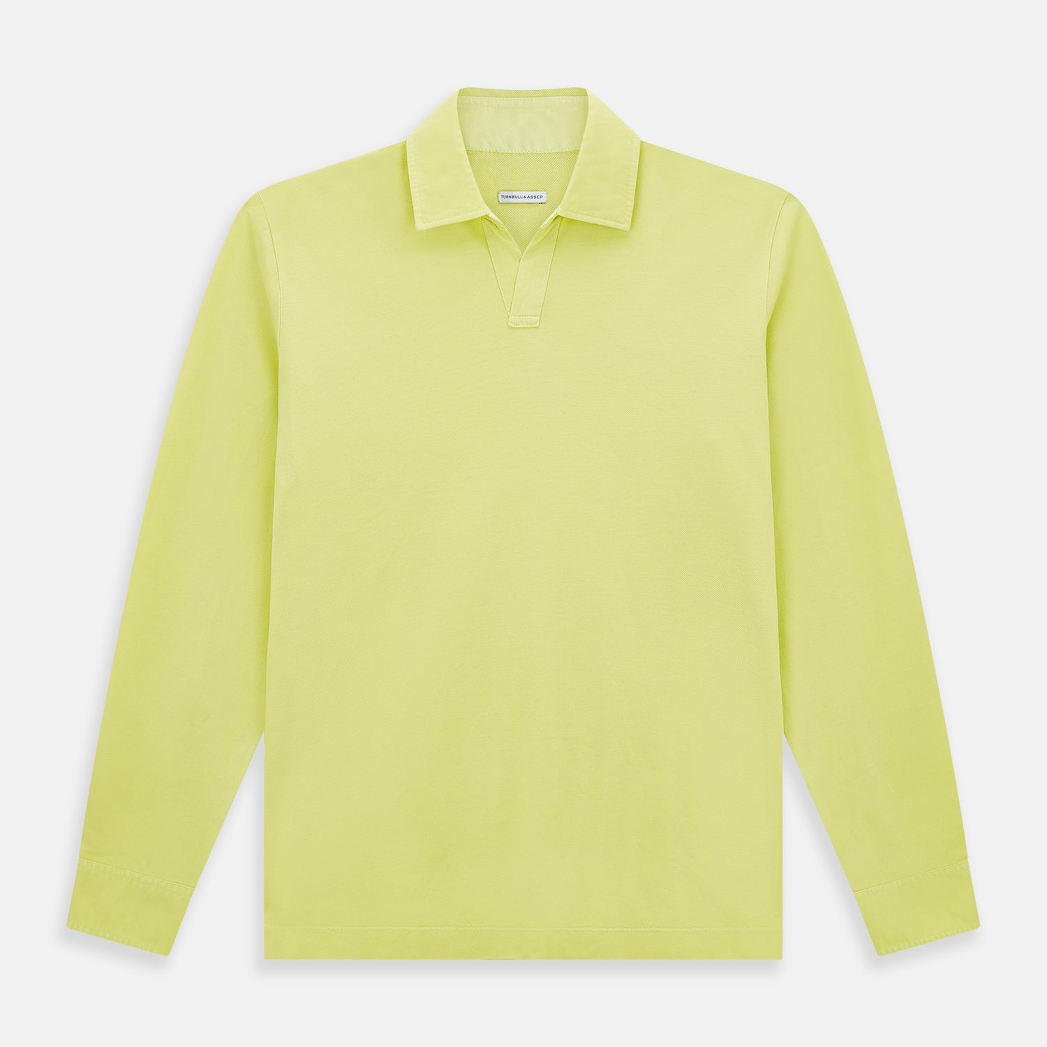View 1 of product The Turnbull & Asser Lime Green Rugby Polo Shirt is a pure cotton, long-sleeve shirt with a collar and no visible buttons, displayed flat against a white background.
