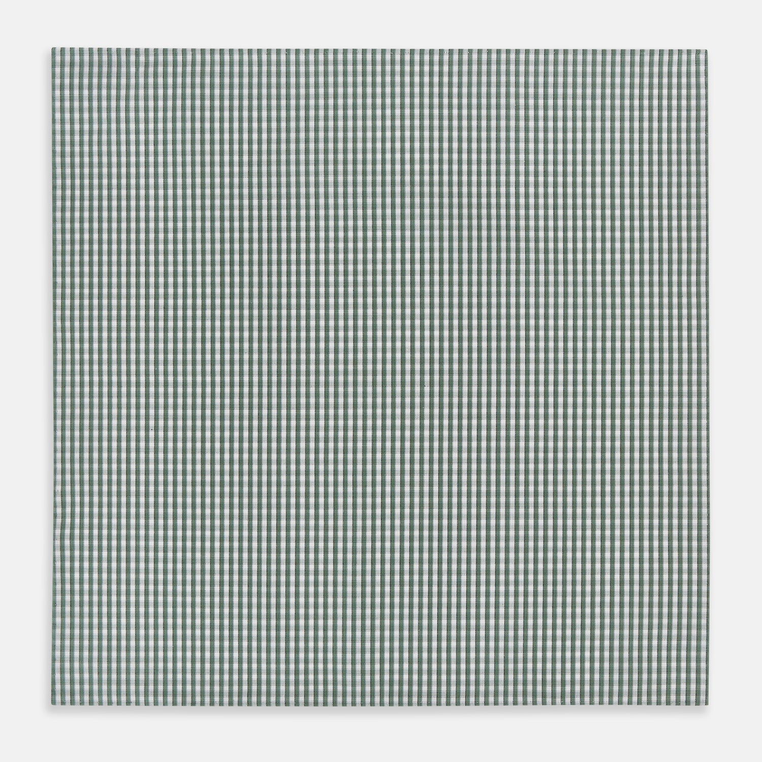 View 3 of product The Turnbull & Asser Melon Green Micro Shadow Check Hand-Rolled Handkerchief is displayed flat against a white background, showcasing its green and white check pattern and expertly hand-rolled edges.