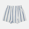 View 2 of product The Blue Blazer Stripe Godfrey Boxer Shorts by Turnbull & Asser are loose-fitting Italian cotton boxers with an elastic waistband and blue, white, and light pink vertical stripes, shown laid flat on a white background.