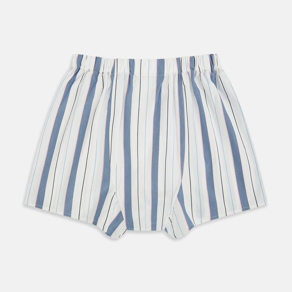 The Blue Blazer Stripe Godfrey Boxer Shorts by Turnbull & Asser are loose-fitting Italian cotton boxers with an elastic waistband and blue, white, and light pink vertical stripes, shown laid flat on a white background.