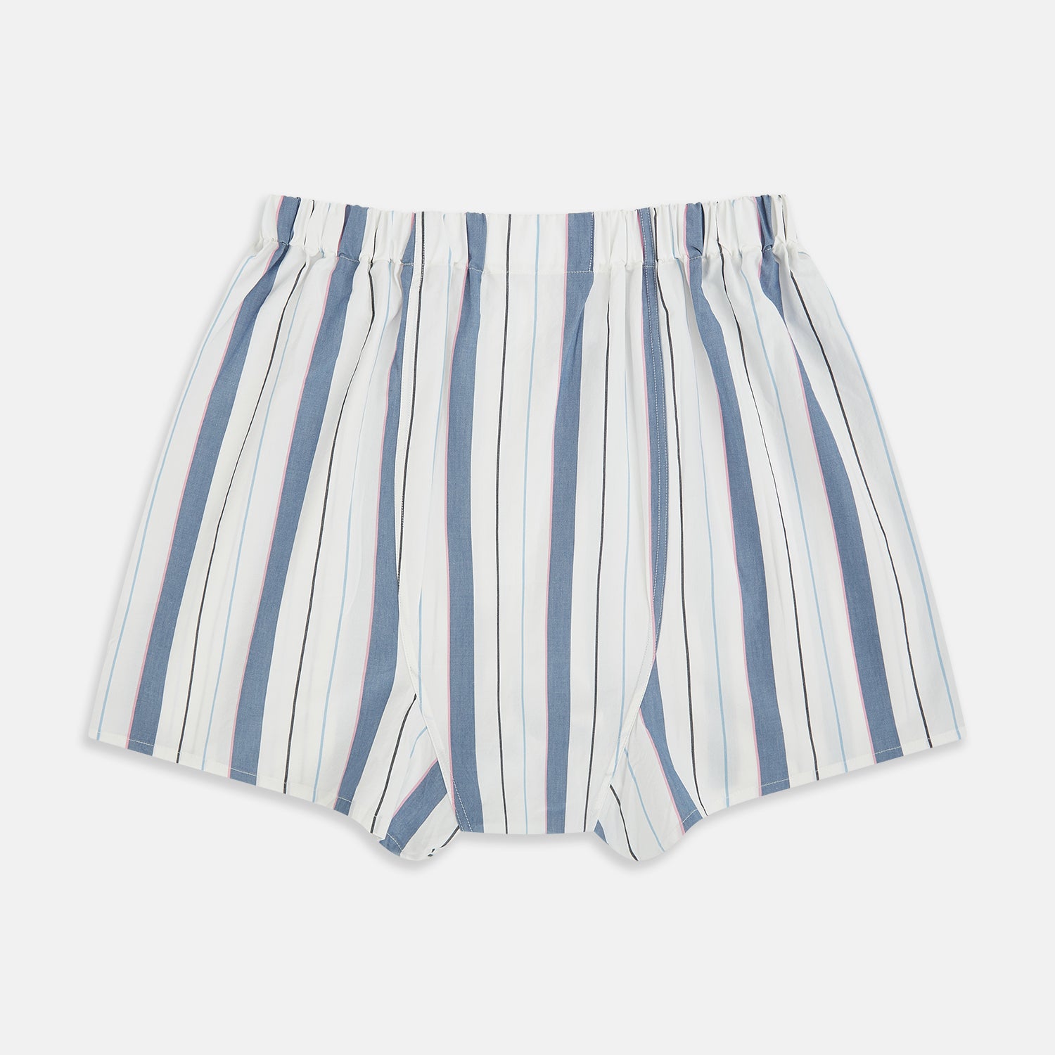 View 2 of product The Blue Blazer Stripe Godfrey Boxer Shorts by Turnbull & Asser are loose-fitting Italian cotton boxers with an elastic waistband and blue, white, and light pink vertical stripes, shown laid flat on a white background.