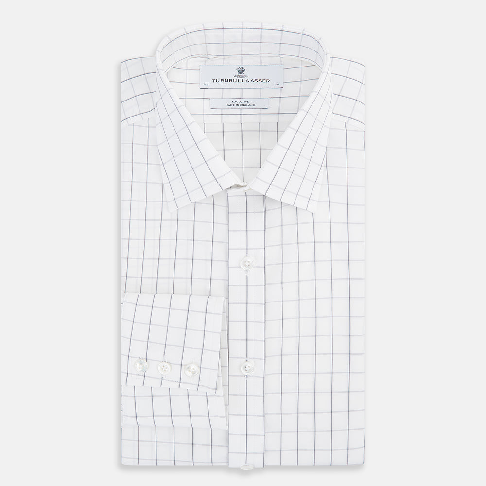 A long-sleeve, button-down Navy Blue Hairline Multi Stripe Mayfair Shirt by Turnbull & Asser is displayed flat against a white background.