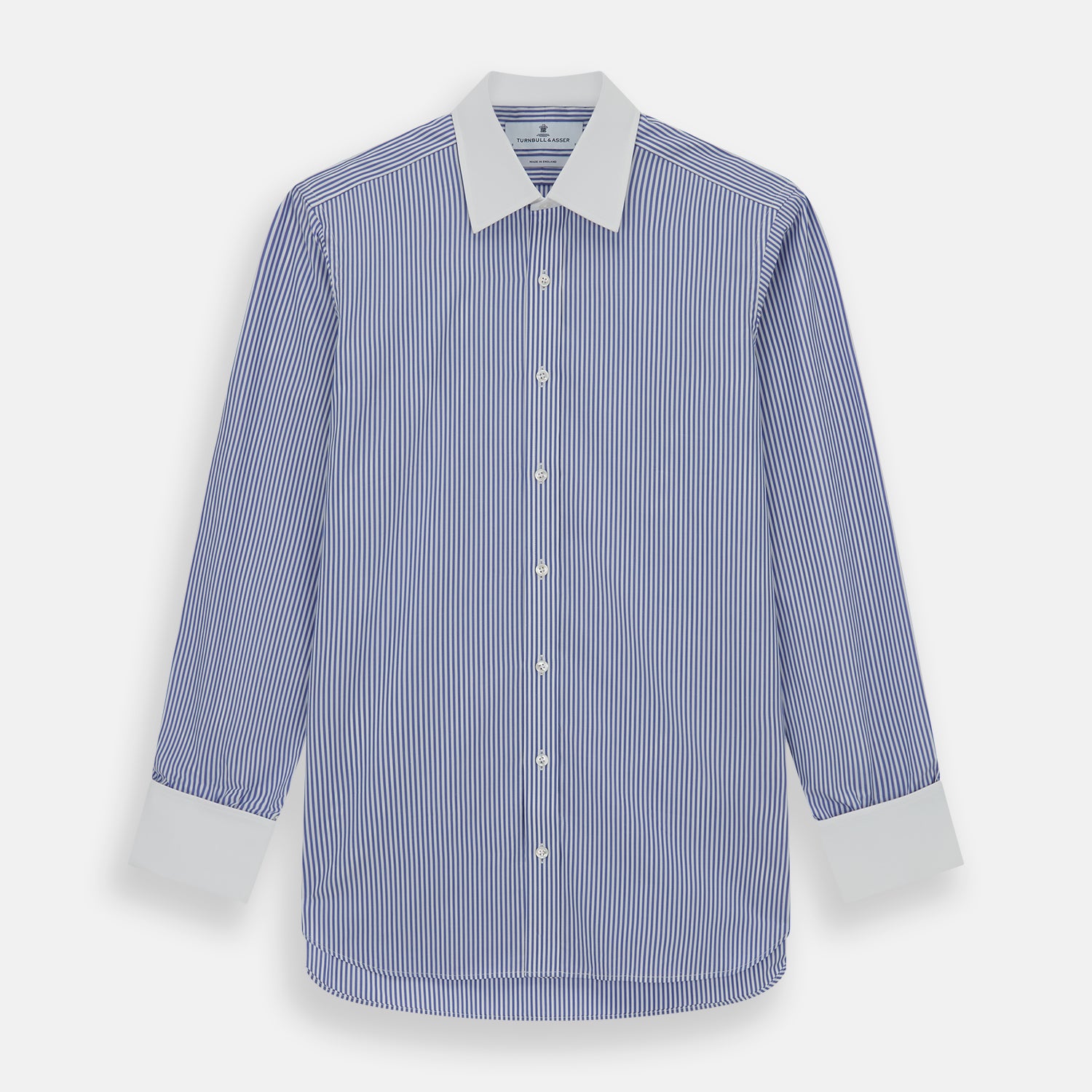 View 1 of product The Gekko Shirt by Turnbull & Asser features blue and white stripes with a white classic T&A collar and double cuffs, inspired by the Wall Street film. Shown on a plain white background.