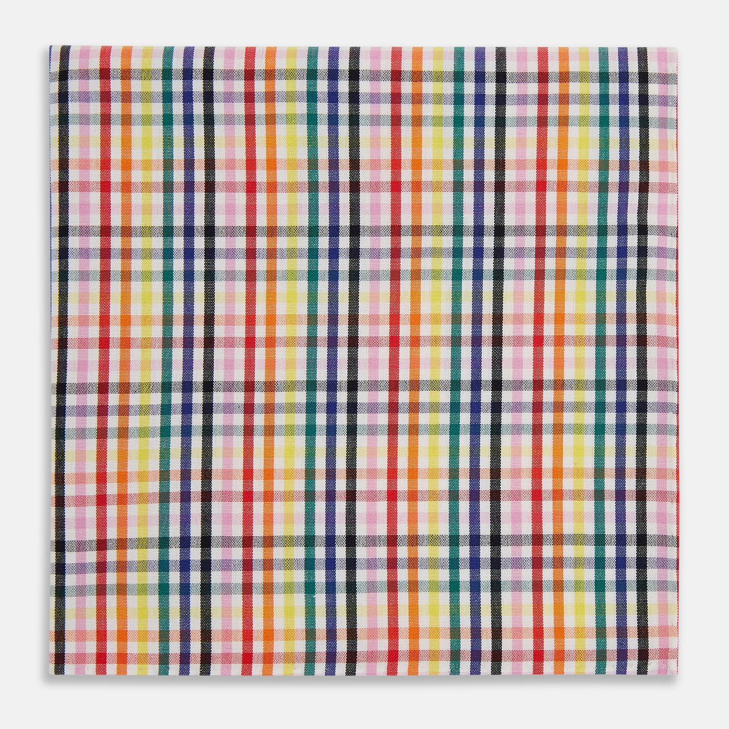 View 1 of product The Turnbull & Asser Hand Rolled Multi-coloured Grid Check Handkerchief features intersecting red, yellow, green, blue, and orange stripes on white—a vibrant and versatile gentleman’s accessory.
