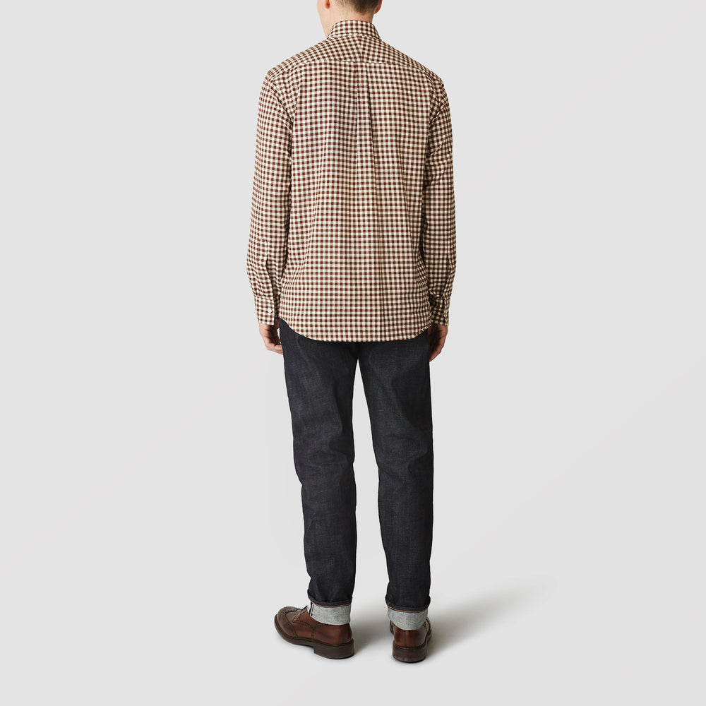 The Turnbull & Asser Brown Check Weekend Fit Shirt features a Derby collar, 1-button cuffs, and a brown check pattern—ideal for winter layering. Shown against a plain white background.