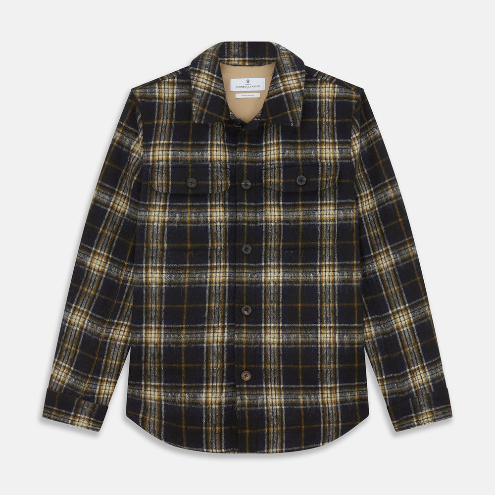The Turnbull & Asser Navy and Beige Check Wool and Mohair Blend Somerset Overshirt, featuring long sleeves, two chest pockets, and a classic collar, is laid flat on a white background.