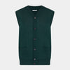 View 1 of product The Turnbull & Asser Petrol Green Fine Merino V-Neck Sleeveless Cardigan features two front pockets, a button-up design, and is shown against a plain white background.