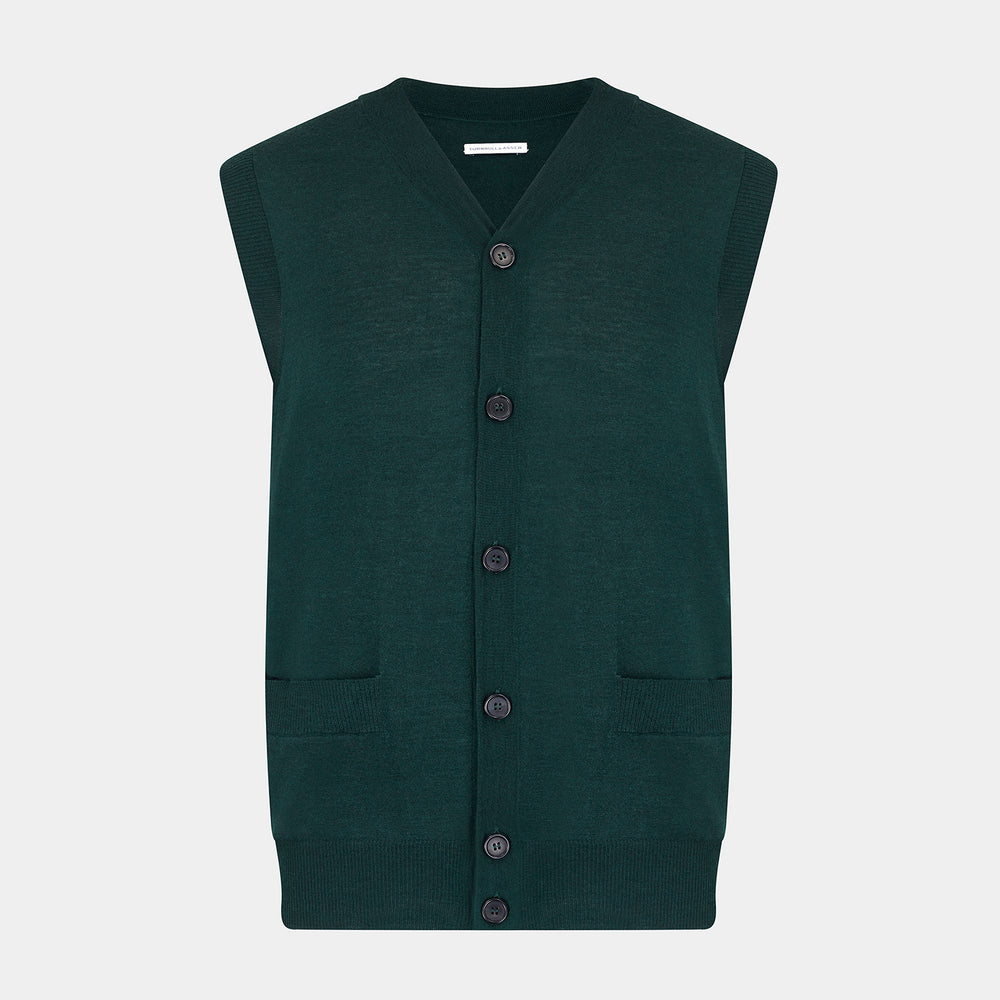 The Turnbull & Asser Petrol Green Fine Merino V-Neck Sleeveless Cardigan features two front pockets, a button-up design, and is shown against a plain white background.