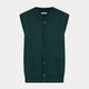 The Turnbull & Asser Petrol Green Fine Merino V-Neck Sleeveless Cardigan features two front pockets, a button-up design, and is shown against a plain white background.