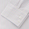 View 3 of product The Turnbull & Asser Red Multi Stripe Tailored Fit Shelton Shirt features subtle vertical stripes, a classic Kent collar, and buttoned cuffs, shown laid flat on a white background.