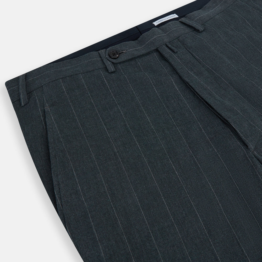 A pair of Forest Green Striped Edmund trousers by Turnbull & Asser, featuring a button and zip closure, belt loops, and a tailored straight-leg fit, shown against a plain white background.