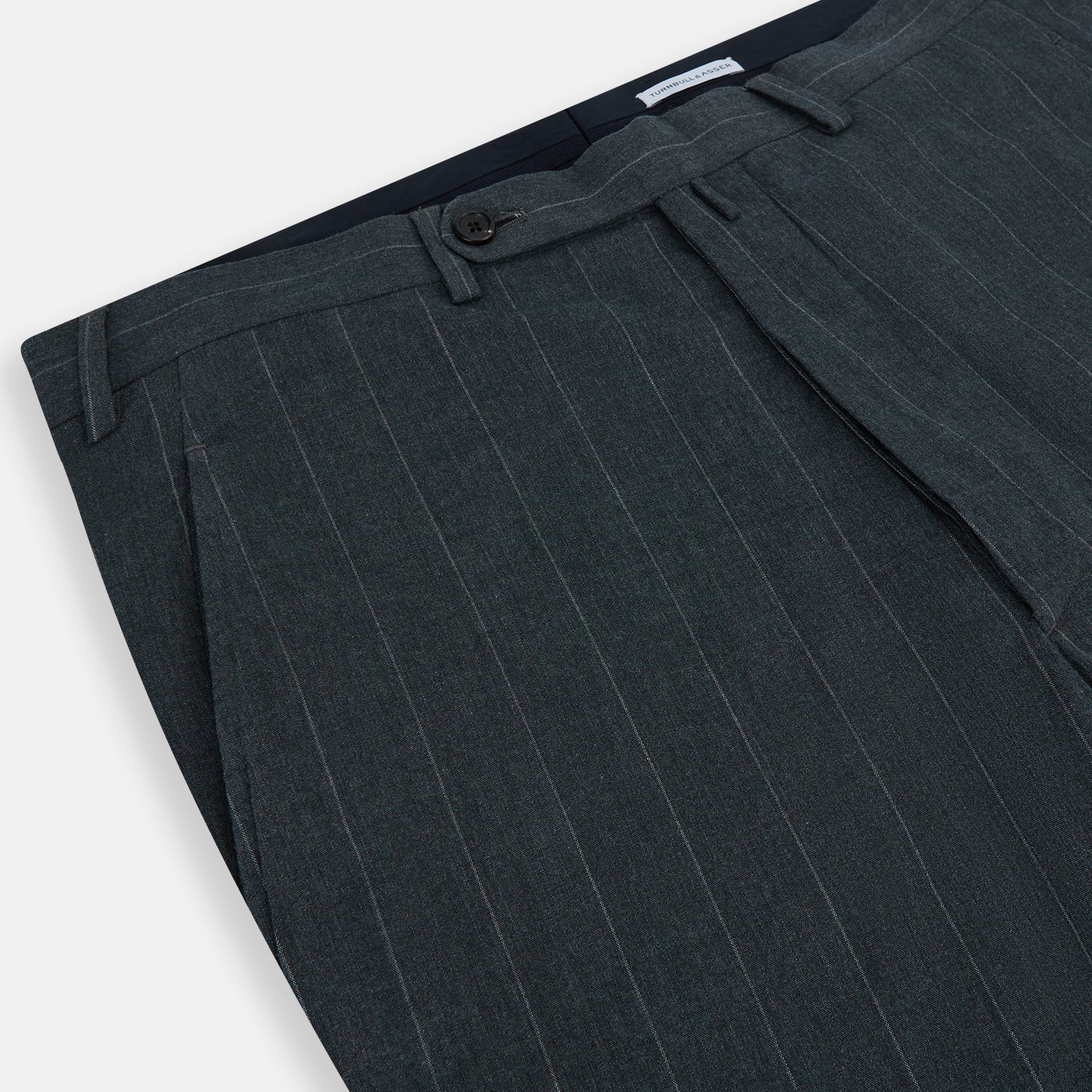 View 2 of product A pair of Forest Green Striped Edmund trousers by Turnbull & Asser, featuring a button and zip closure, belt loops, and a tailored straight-leg fit, shown against a plain white background.