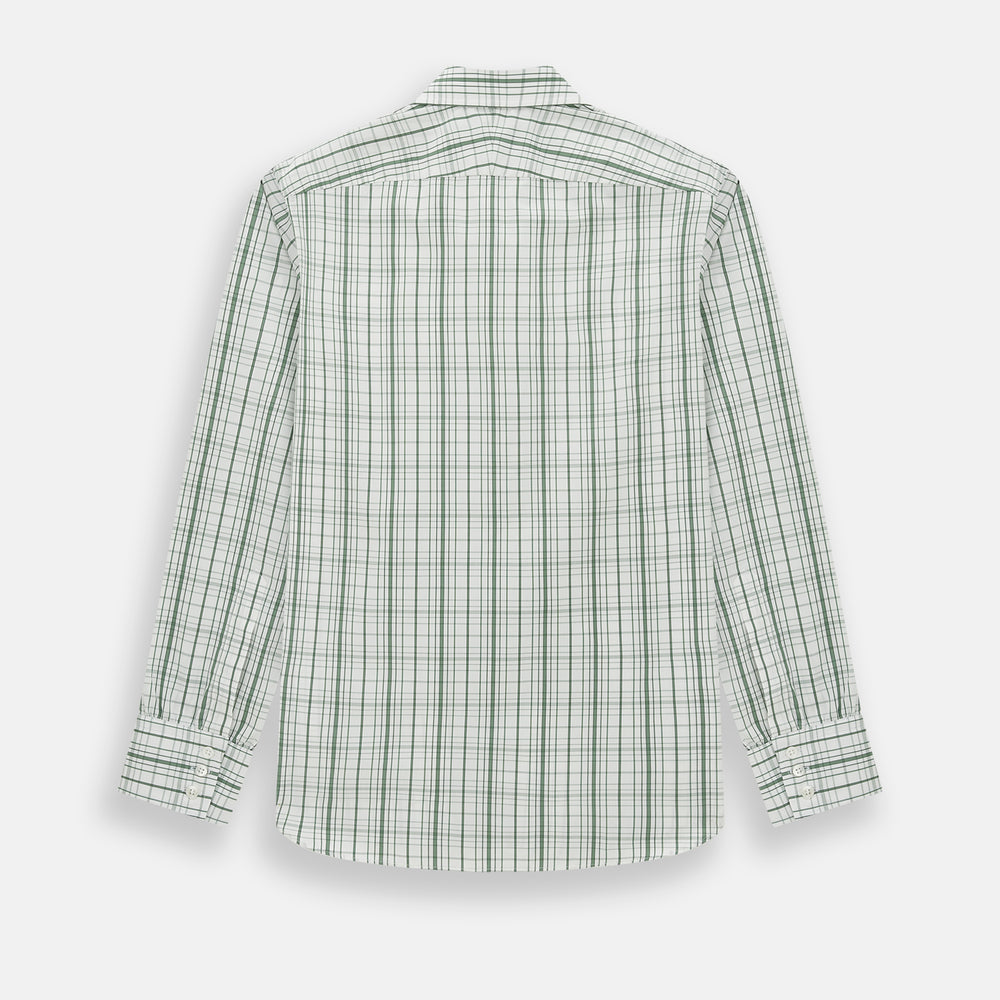 The Turnbull & Asser Sage Green Plaid Check Westminster Shirt features a collared, long-sleeve button-up design with a white base and sage green plaid pattern, showcasing classic British craftsmanship against a clean white background.