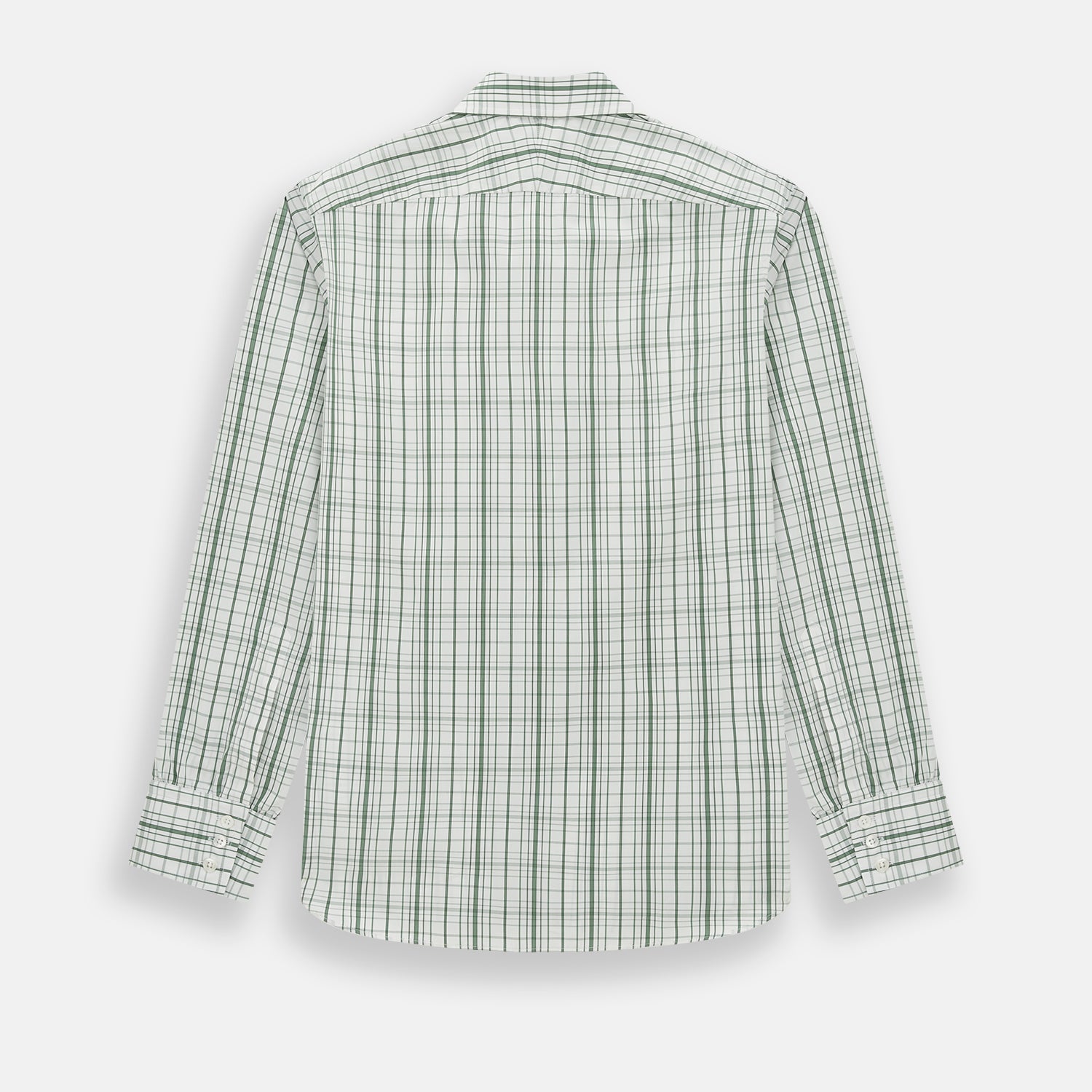 View 3 of product The Turnbull & Asser Sage Green Plaid Check Westminster Shirt features a collared, long-sleeve button-up design with a white base and sage green plaid pattern, showcasing classic British craftsmanship against a clean white background.