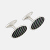 View 1 of product The Forest Green and Navy Striped Oval Enamel Cufflinks by Turnbull & Asser feature artisanal craftsmanship and a bold, masculine design, with elegant stripes set on a classic silver finish against a sophisticated white backdrop.