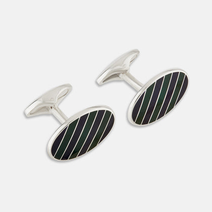 Forest Green and Navy Striped Oval Enamel Cufflinks