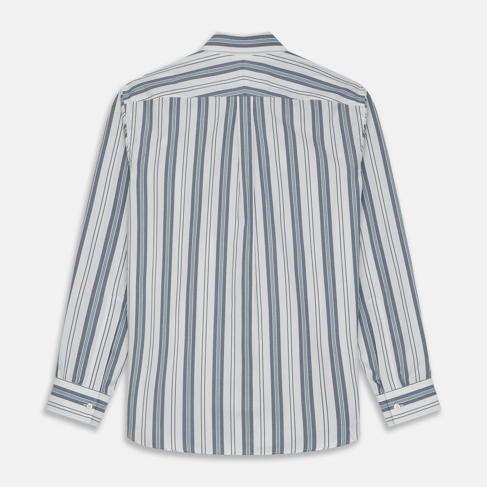 The Turnbull & Asser Blue, Green & White Stripe Weekend Fit Shirt features a Derby collar, 1-button cuffs, and a classic striped design—ideal for winter layering. Displayed on a plain white background.