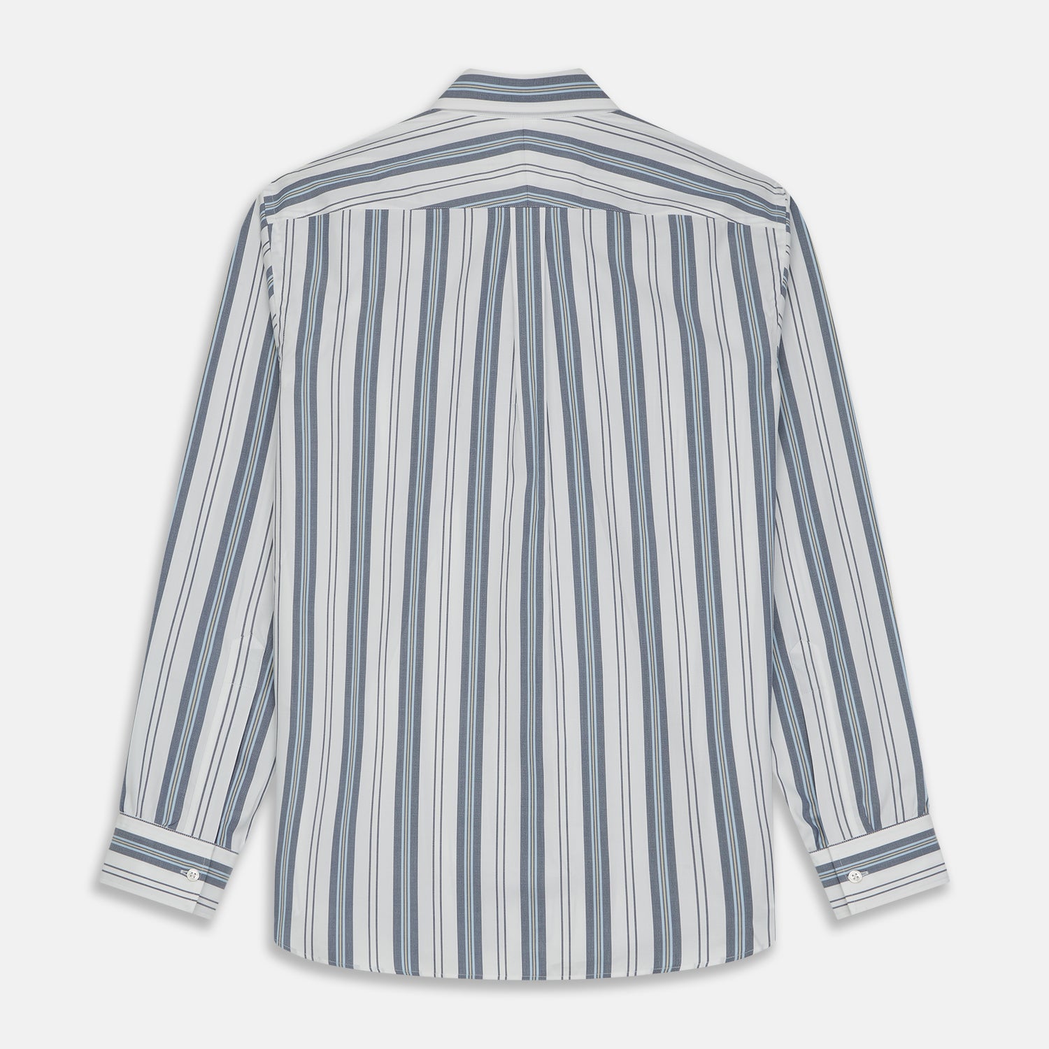View 6 of product The Turnbull & Asser Blue, Green & White Stripe Weekend Fit Shirt features a Derby collar, 1-button cuffs, and a classic striped design—ideal for winter layering. Displayed on a plain white background.