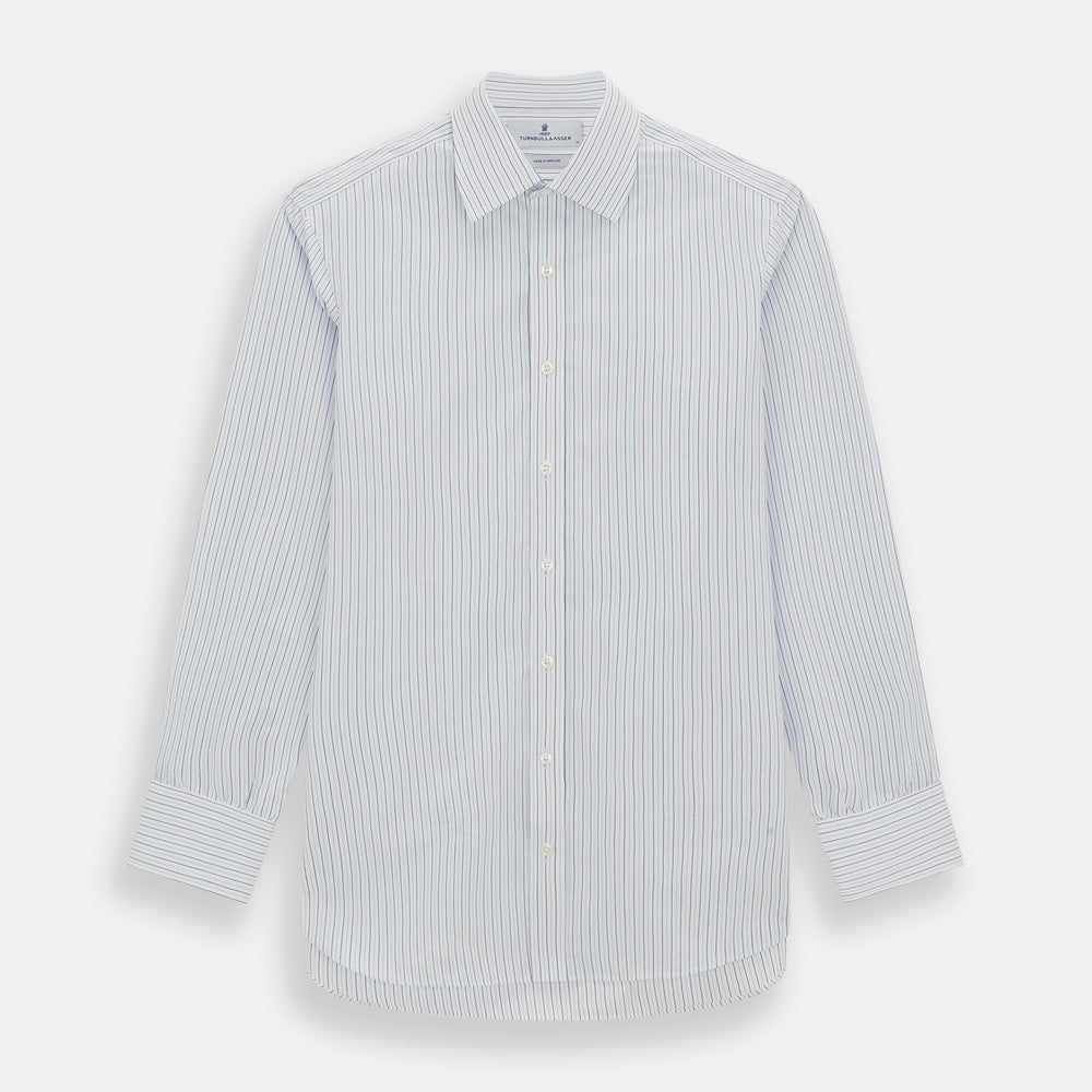 The Blue Double Pinstripe Mayfair Shirt by Turnbull & Asser is made from organic cotton with thin blue and white stripes, a pointed collar, and buttoned cuffs—perfect for elevating your workweek rotation.