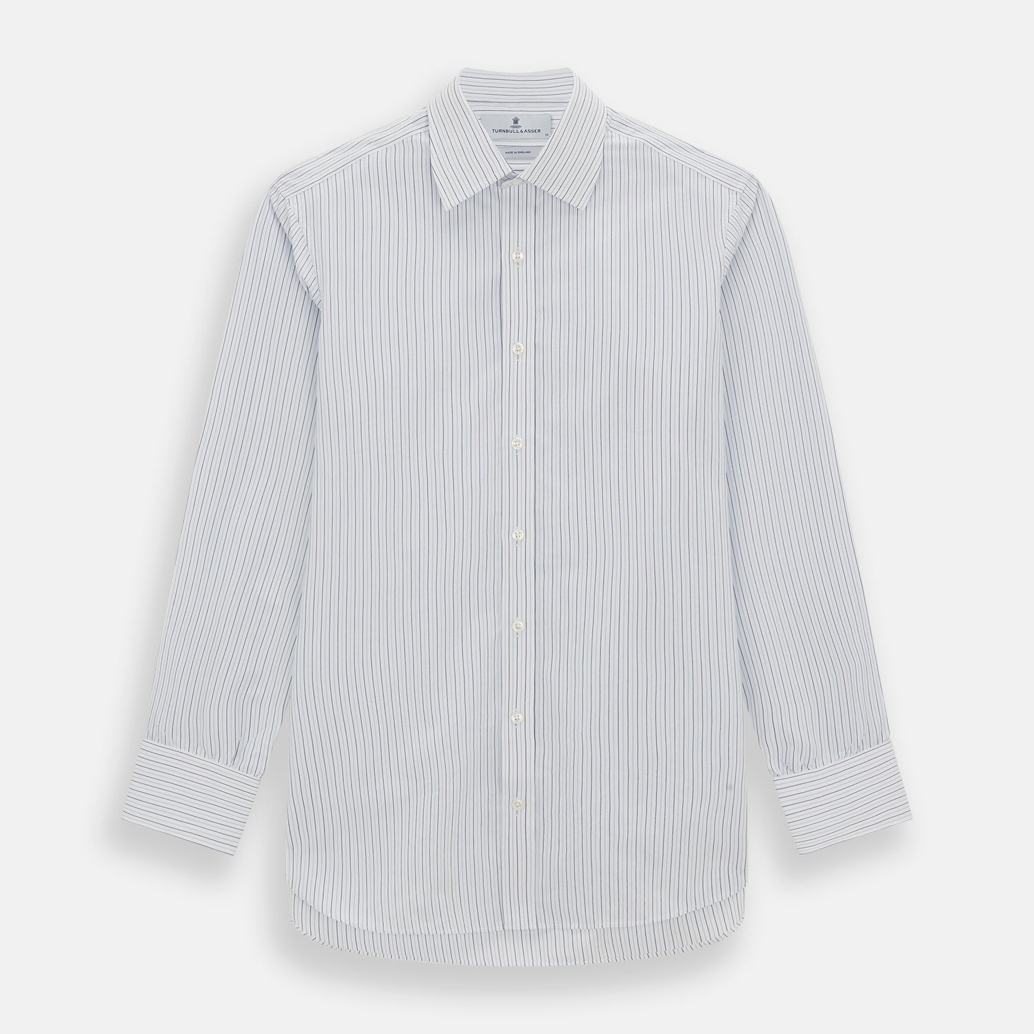 View 1 of product The Blue Double Pinstripe Mayfair Shirt by Turnbull & Asser is made from organic cotton with thin blue and white stripes, a pointed collar, and buttoned cuffs—perfect for elevating your workweek rotation.