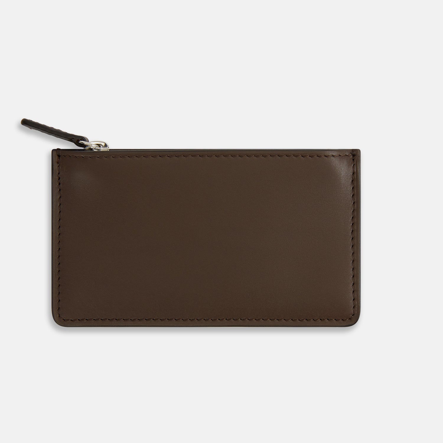 View 3 of product The Dark Chocolate Leather Zip Wallet by Turnbull & Asser, crafted from full-grain Italian leather, features a white brand logo on the front and is displayed against a plain white background.