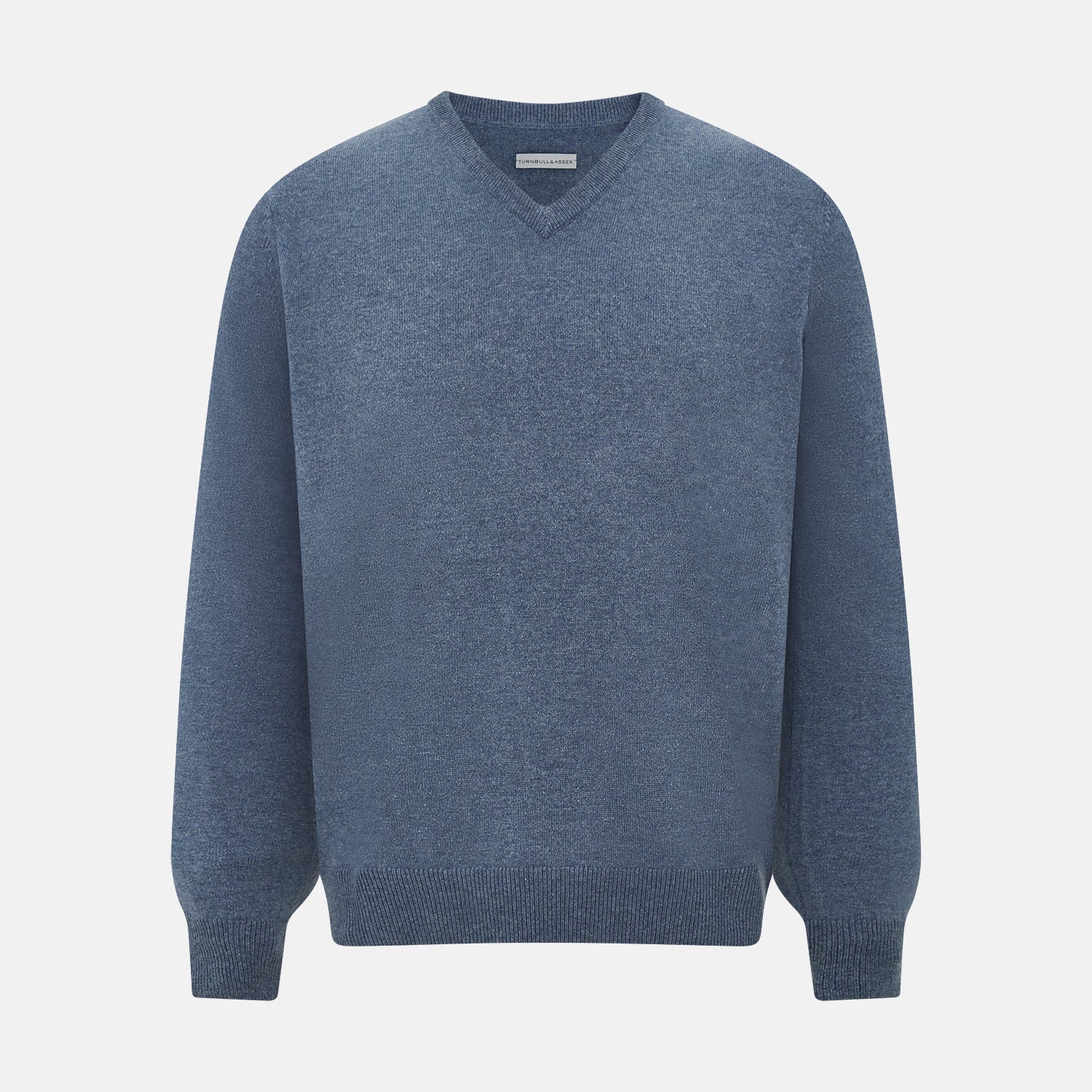 View 1 of product The Blue Melange Cashmere V-neck Jumper by Turnbull & Asser, featuring ribbed cuffs and hem, is part of our knitwear collection and shown against a white background.