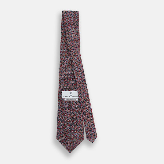 Burgundy and Navy Weave-Patterned Printed Silk Tie Image 3