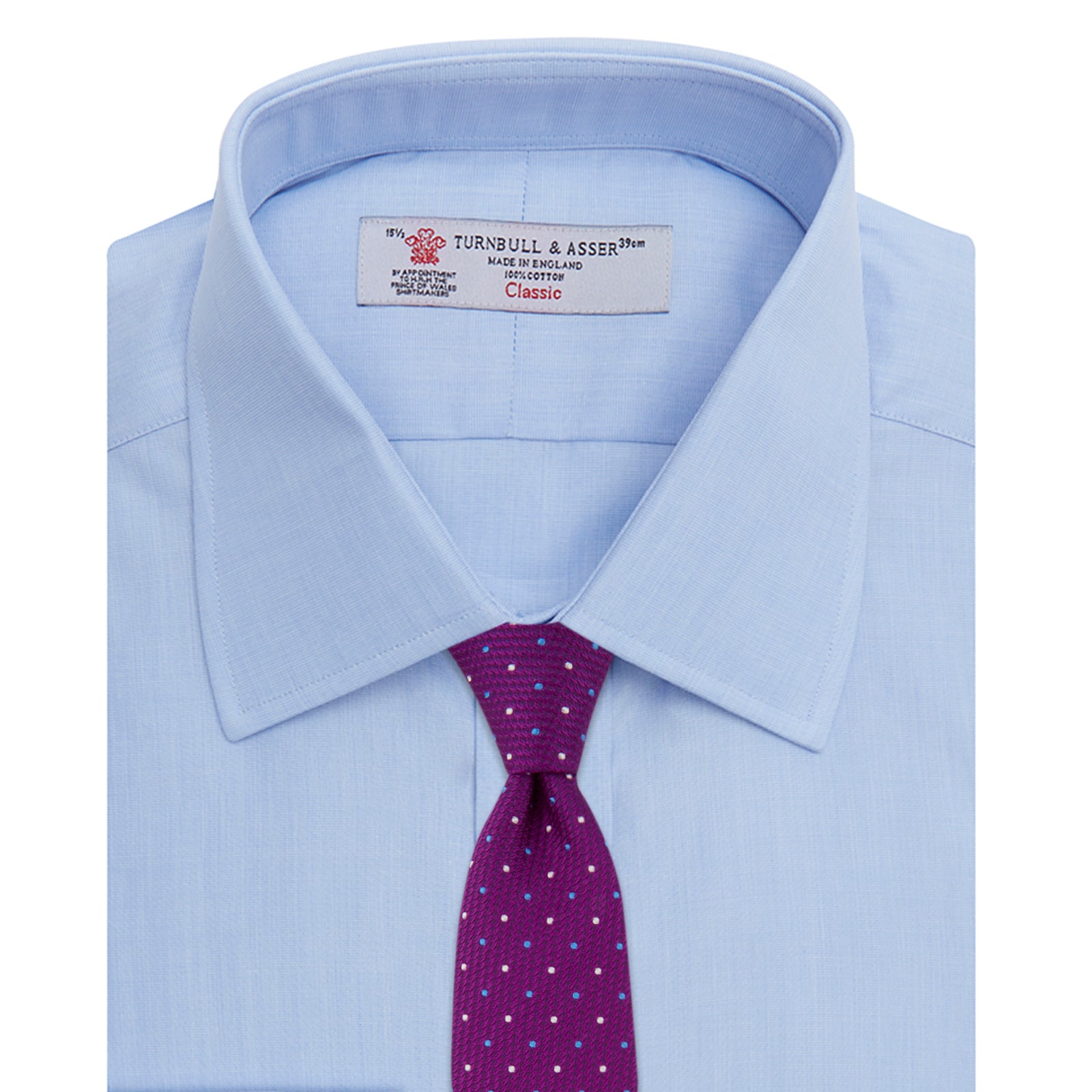 View 4 of product The Turnbull & Asser Light Blue End-on-End Shirt features a T&A collar and 3-button cuffs, neatly displayed against a plain white background—ideal for pairing with a navy suit.