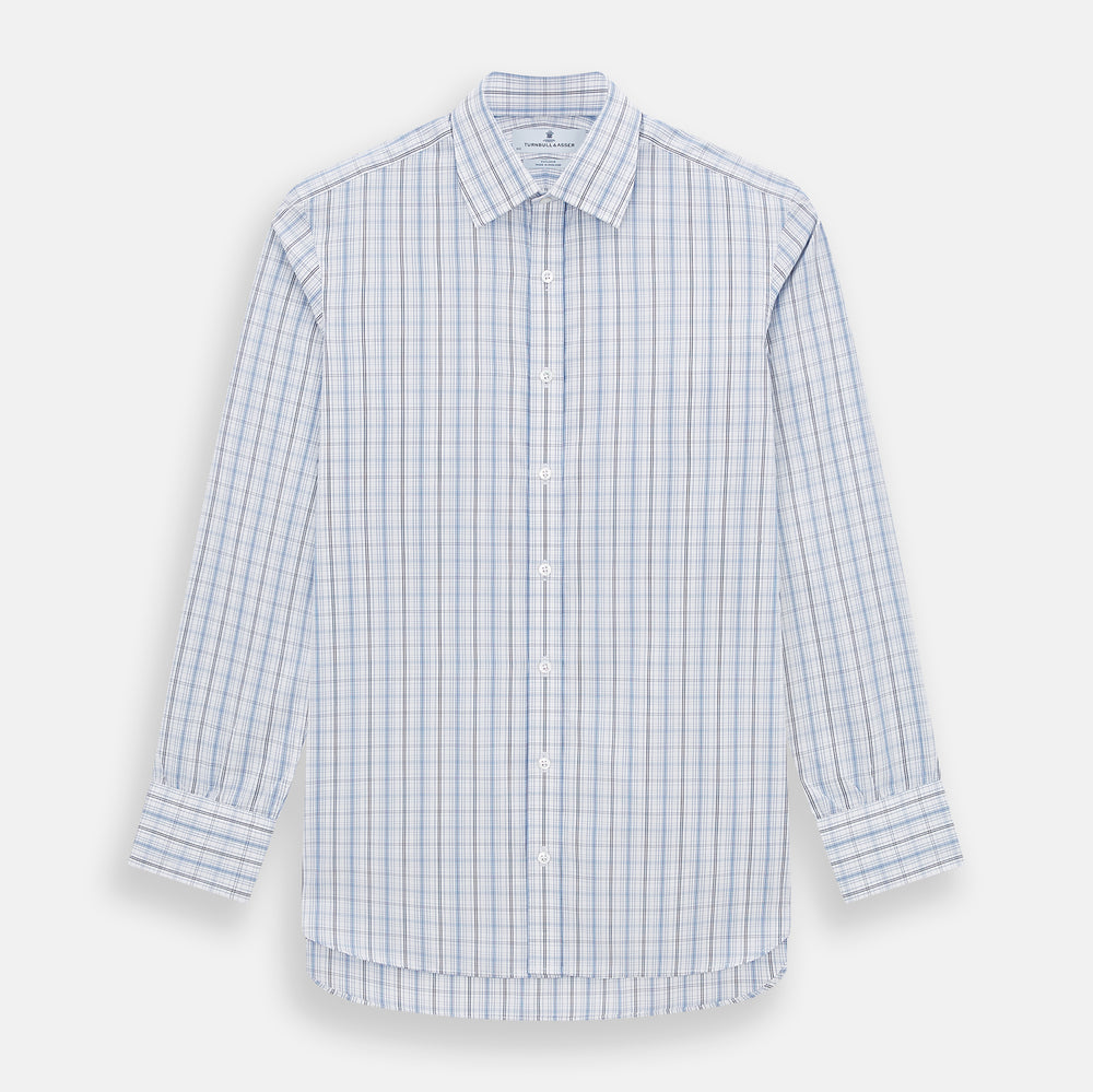 The Turnbull & Asser Blue and Navy Multi Check Mayfair Shirt features a classic T&A collar and long sleeves, with a blue multi-check pattern on white, neatly displayed against a plain white background.