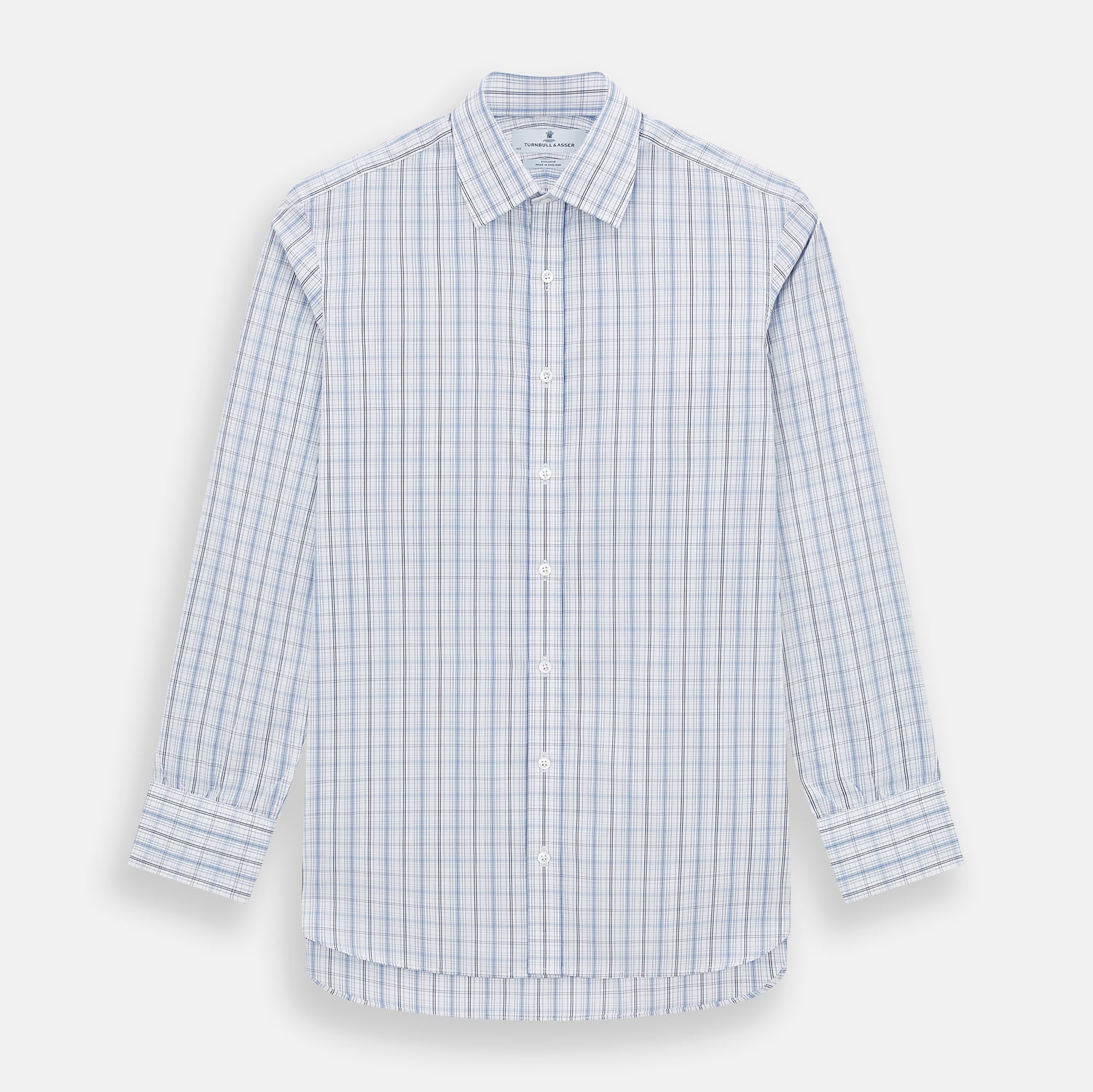 View 1 of product The Turnbull & Asser Blue and Navy Multi Check Mayfair Shirt features a classic T&A collar and long sleeves, with a blue multi-check pattern on white, neatly displayed against a plain white background.