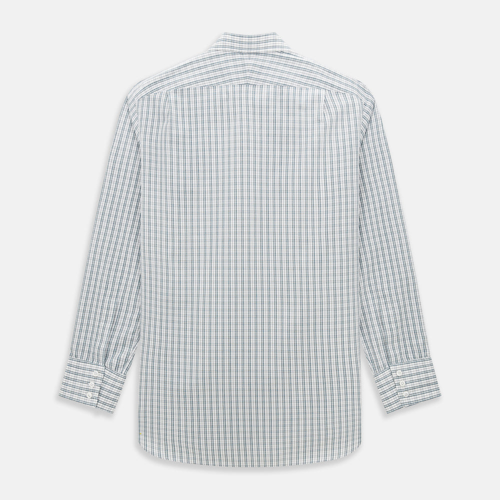 The Turnbull & Asser Forest Green Multi Check Mayfair Shirt is a long-sleeve button-up crafted from premium Italian cotton, featuring a blue and forest green check on white, with a pointed collar and buttoned cuffs.