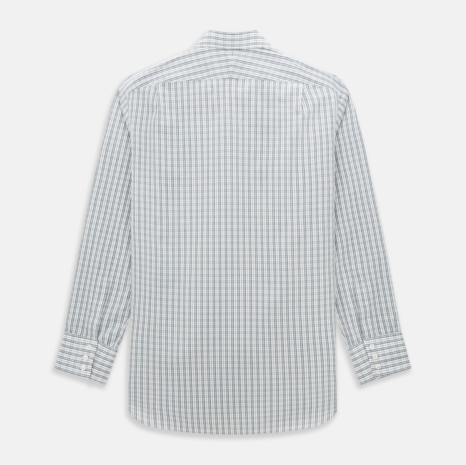 View 3 of product The Turnbull & Asser Forest Green Multi Check Mayfair Shirt is a long-sleeve button-up crafted from premium Italian cotton, featuring a blue and forest green check on white, with a pointed collar and buttoned cuffs.