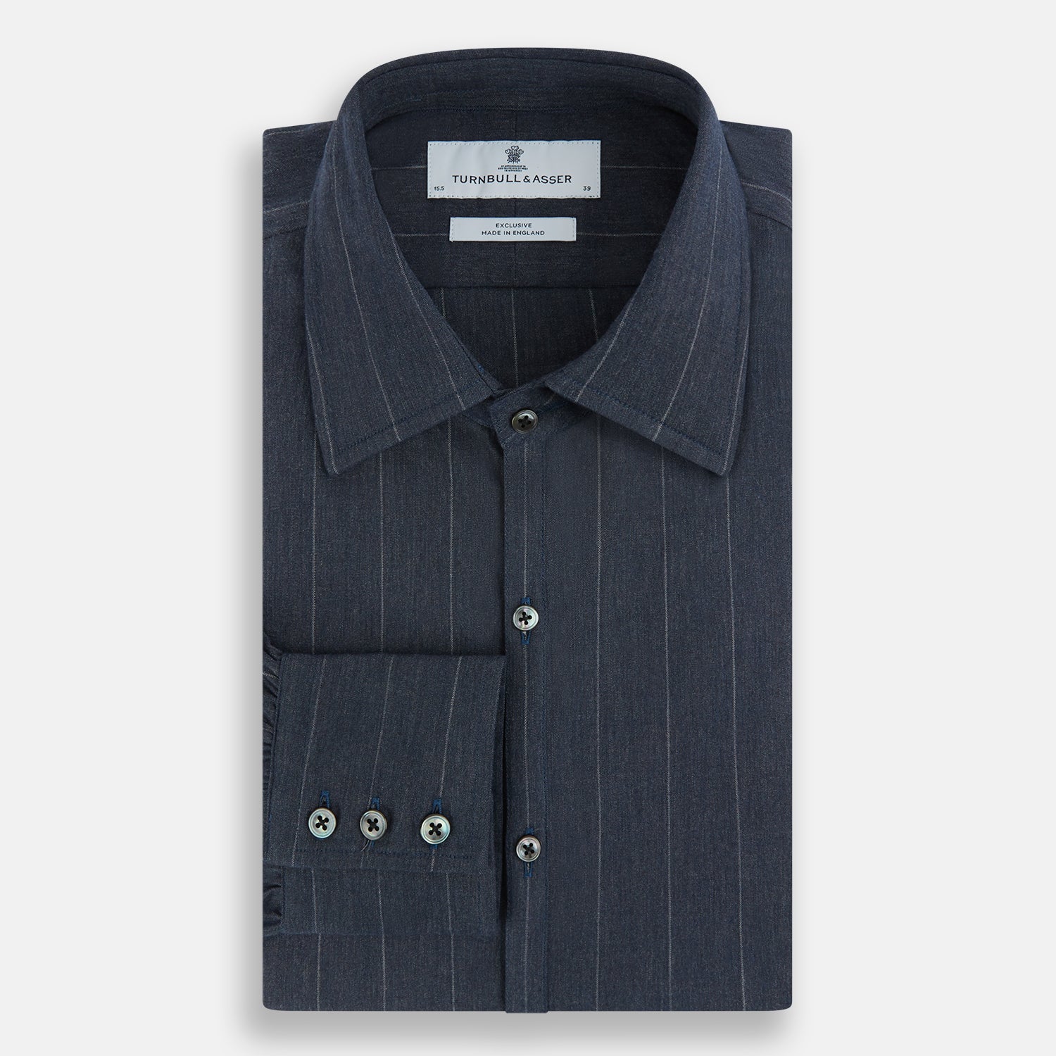 View 5 of product The Turnbull & Asser Navy Melange Wide Stripe Westminster Shirt features a classic collar, buttoned cuffs, and a tailored fit, showcasing British craftsmanship. Laid flat on a white background.
