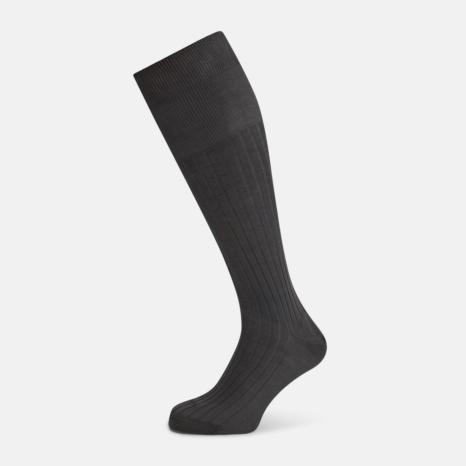 View 1 of product A single Concrete Grey Long Sock by Turnbull & Asser, featuring an over the calf fit and ribbed texture, is displayed on a plain white background.