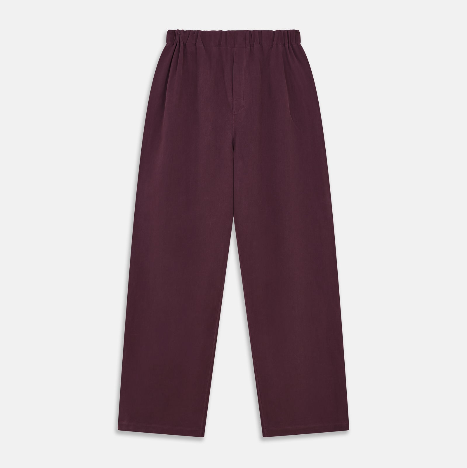 View 6 of product The Turnbull & Asser Plain Plum Silk Modern Pyjama Set, made in England, features white piping, a button-up long-sleeve top with three pockets, and matching pants. The pyjamas are shown against a white background.