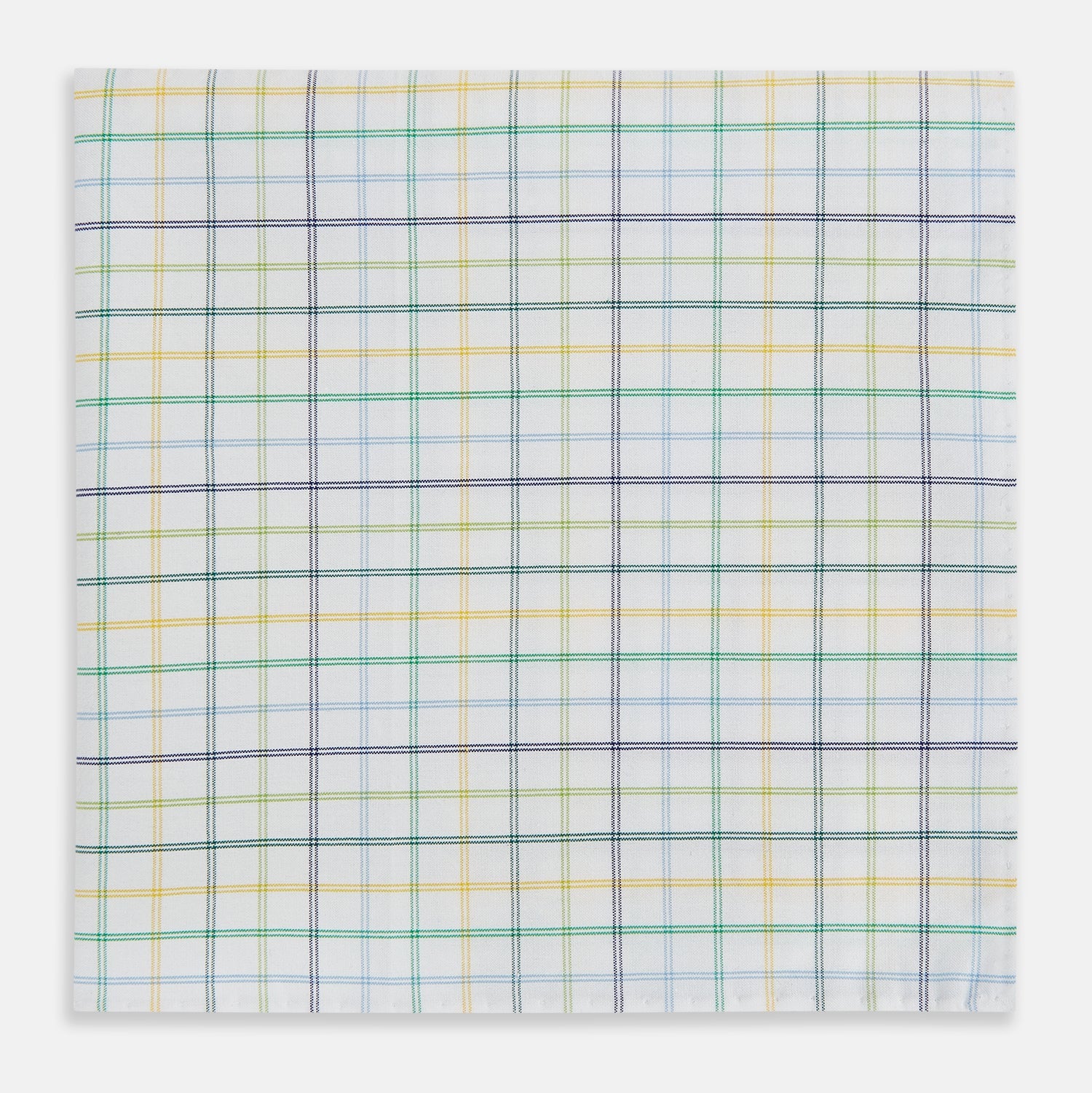 View 1 of product The Yellow Multi Double Grid Check Hand-Rolled Handkerchief by Turnbull & Asser is handcrafted in England, featuring a colorful check pattern with evenly spaced blue, green, yellow, and purple lines.
