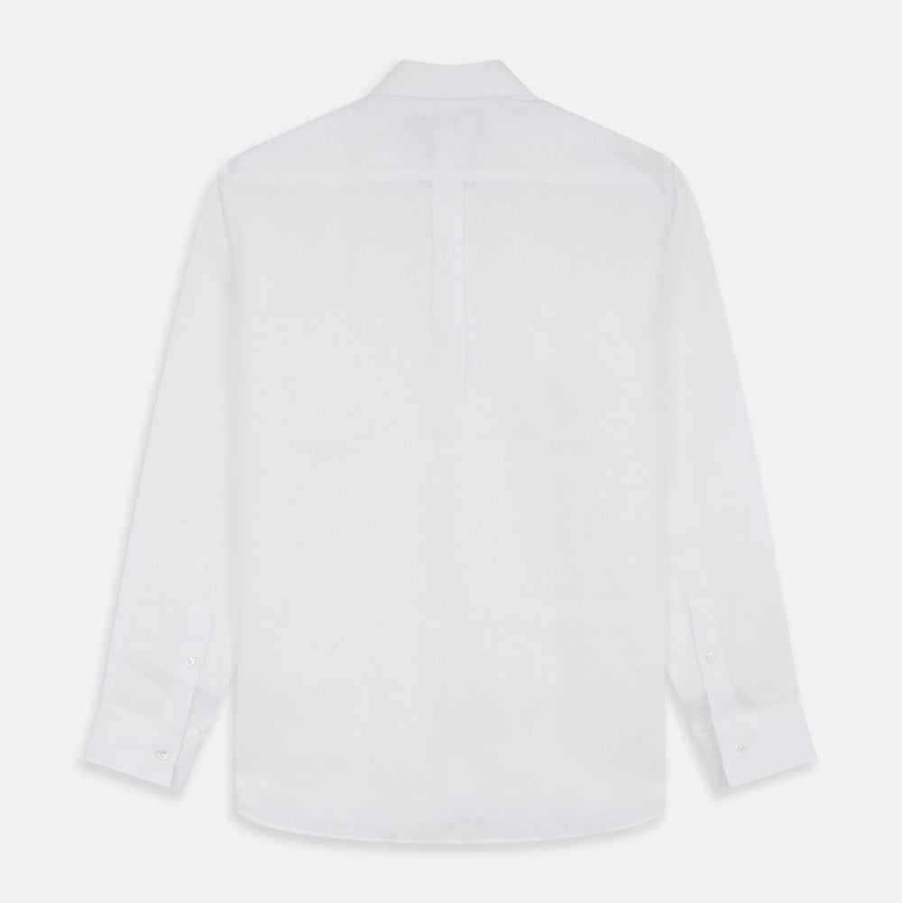 The Turnbull & Asser White Weekend Fit Linen Finch Shirt features a Derby collar and chest pocket, laid flat on a white background—an effortlessly classic choice for casual weekends.