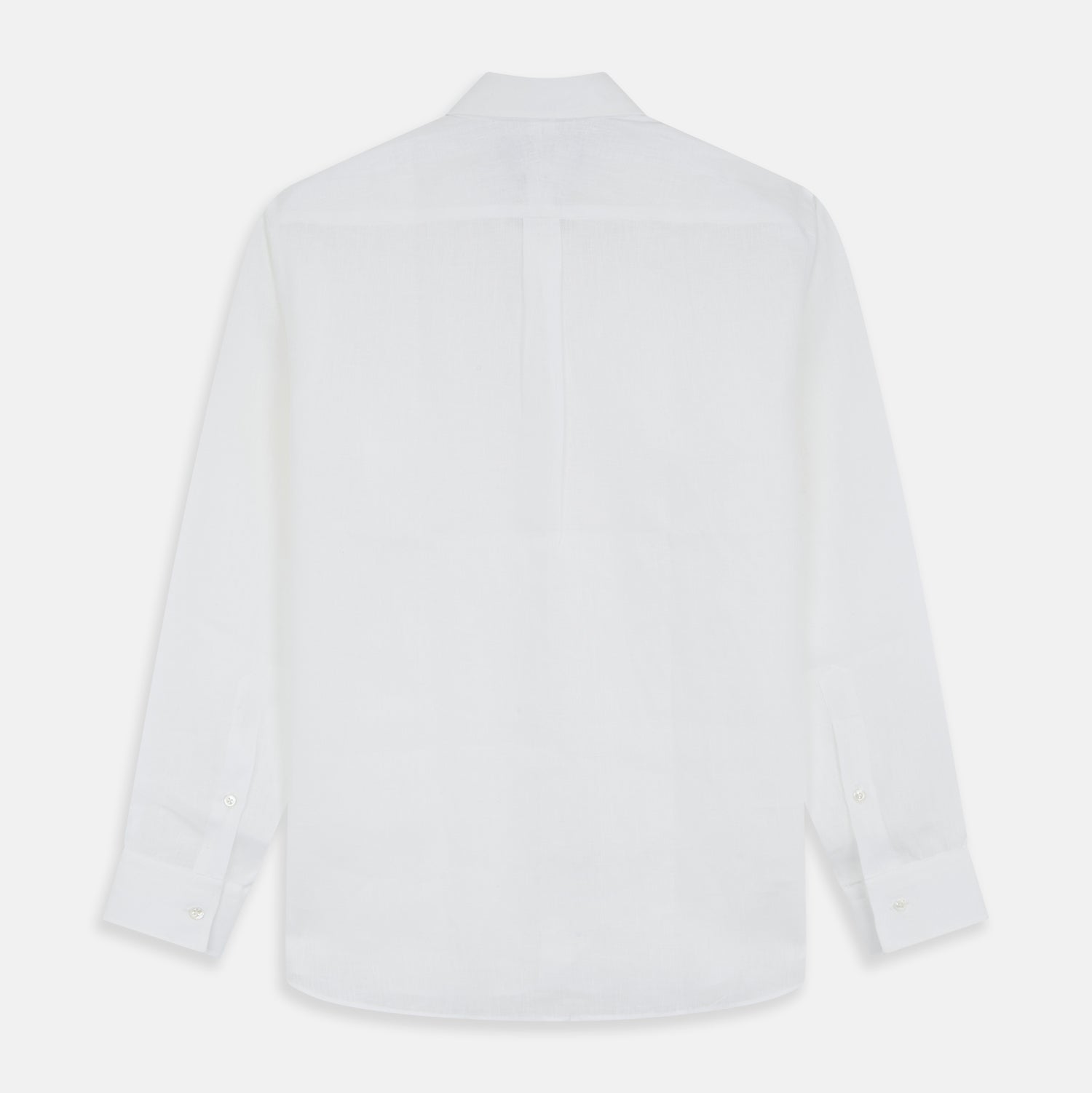 View 3 of product The Turnbull & Asser White Weekend Fit Linen Finch Shirt features a Derby collar and chest pocket, laid flat on a white background—an effortlessly classic choice for casual weekends.