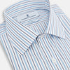 View 2 of product The Turnbull & Asser Blue Multi Halo Stripe Mayfair Shirt features long sleeves, a T&A collar with pointed tips, and buttoned cuffs, shown on a plain white background.