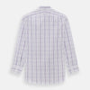 View 3 of product The Turnbull & Asser Purple Plaid Check Mayfair Shirt is a long-sleeve button-down with a pointed T&A collar, featuring a purple and blue plaid pattern on white.